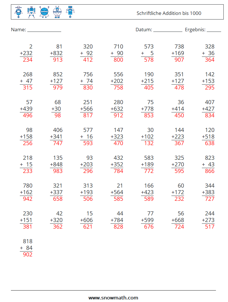 (50) Schriftliche Addition bis 1000 Mathe-Arbeitsblätter 9 Frage, Antwort