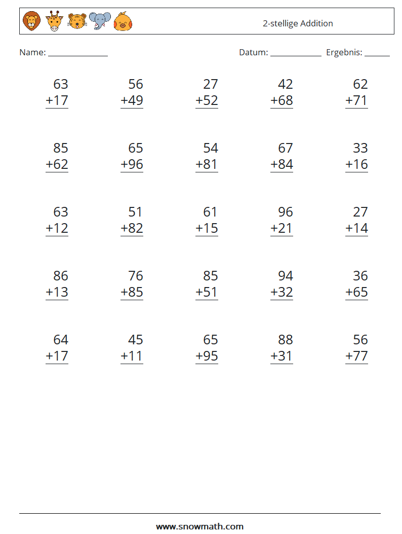 (25) 2-stellige Addition Mathe-Arbeitsblätter 1