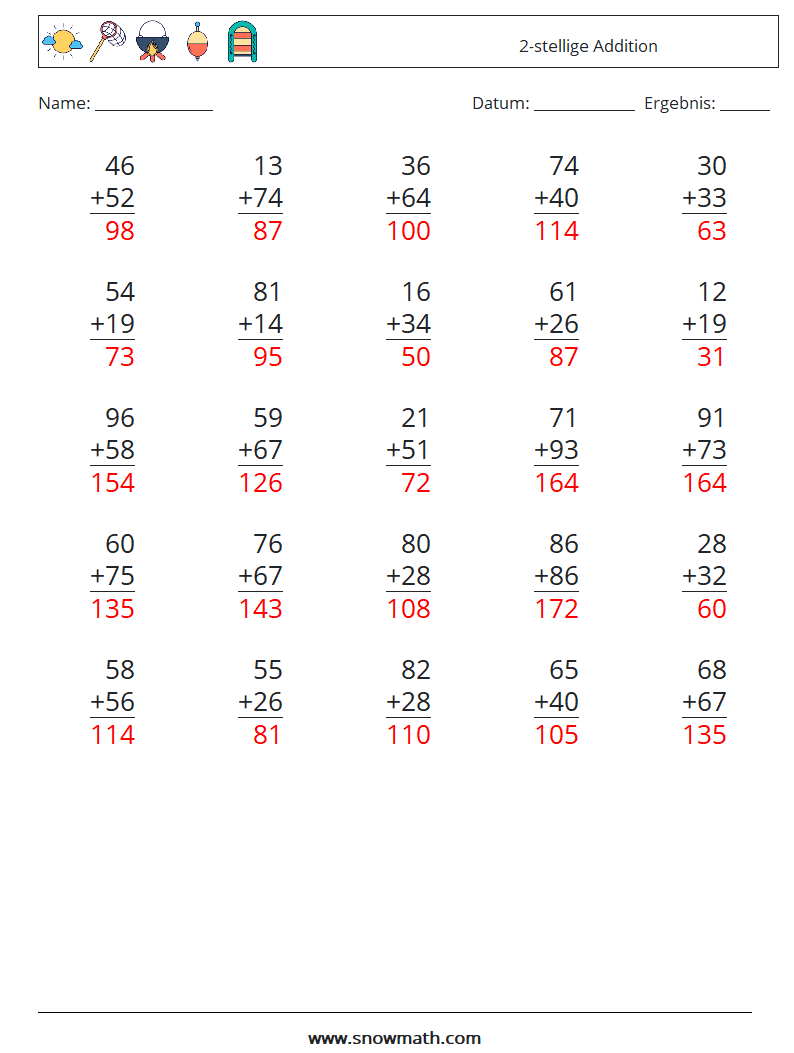 (25) 2-stellige Addition Mathe-Arbeitsblätter 10 Frage, Antwort