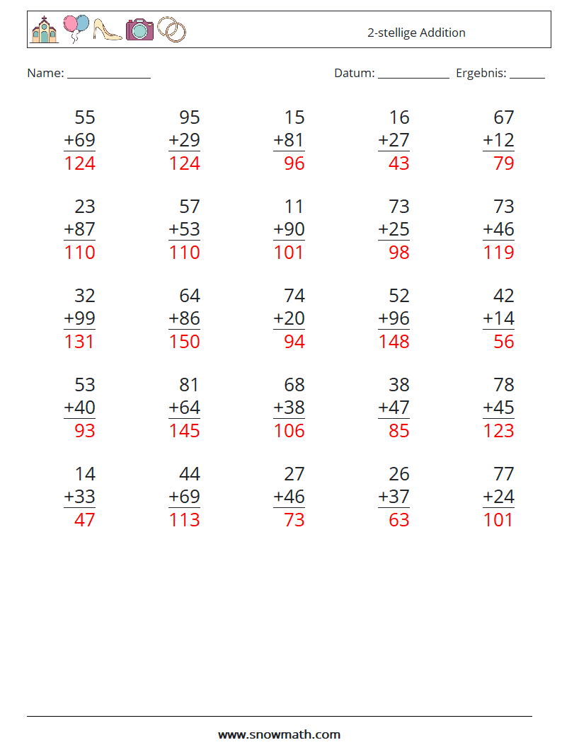 (25) 2-stellige Addition Mathe-Arbeitsblätter 13 Frage, Antwort