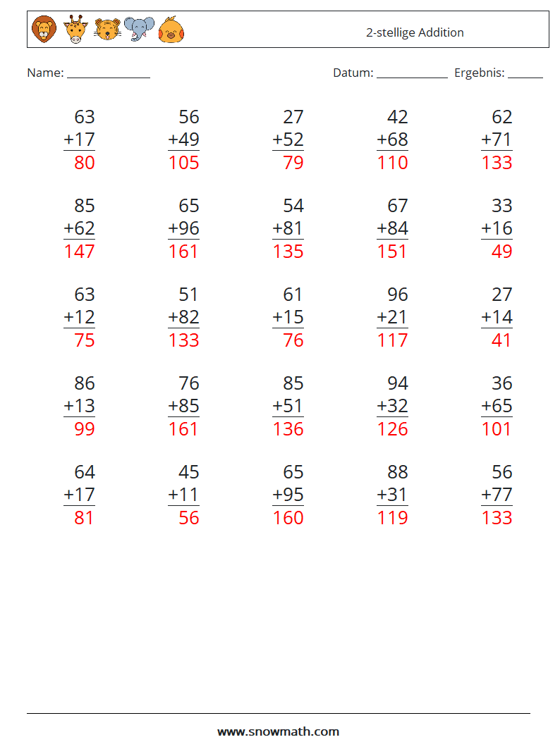 (25) 2-stellige Addition Mathe-Arbeitsblätter 1 Frage, Antwort