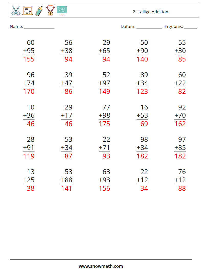 (25) 2-stellige Addition Mathe-Arbeitsblätter 3 Frage, Antwort