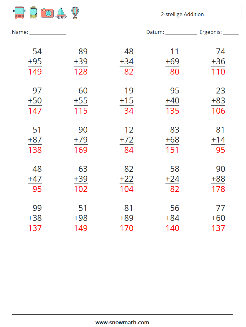 (25) 2-stellige Addition Mathe-Arbeitsblätter 5 Frage, Antwort