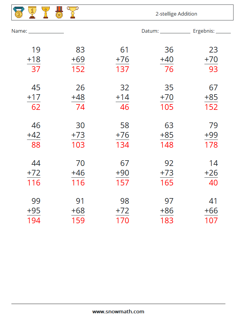 (25) 2-stellige Addition Mathe-Arbeitsblätter 6 Frage, Antwort