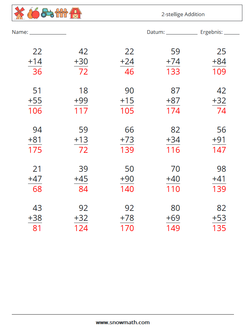 (25) 2-stellige Addition Mathe-Arbeitsblätter 7 Frage, Antwort