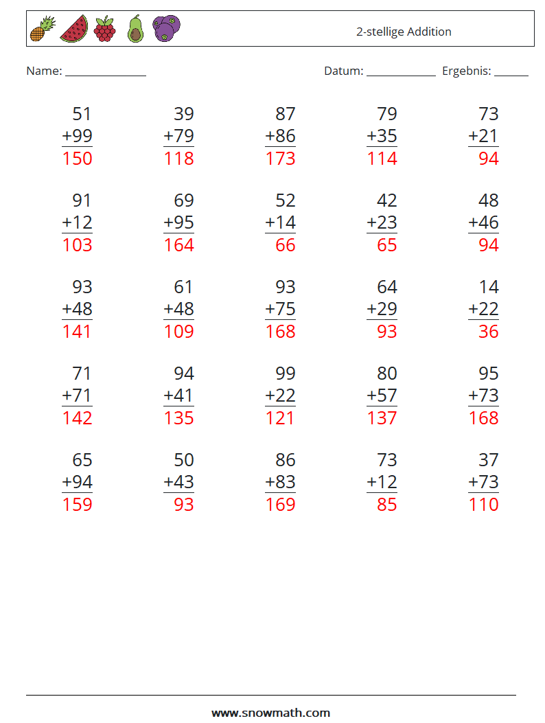 (25) 2-stellige Addition Mathe-Arbeitsblätter 8 Frage, Antwort