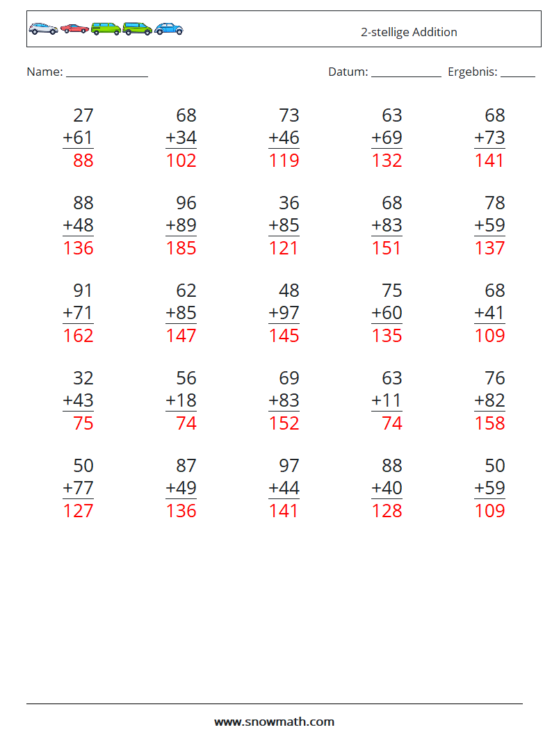 (25) 2-stellige Addition Mathe-Arbeitsblätter 9 Frage, Antwort