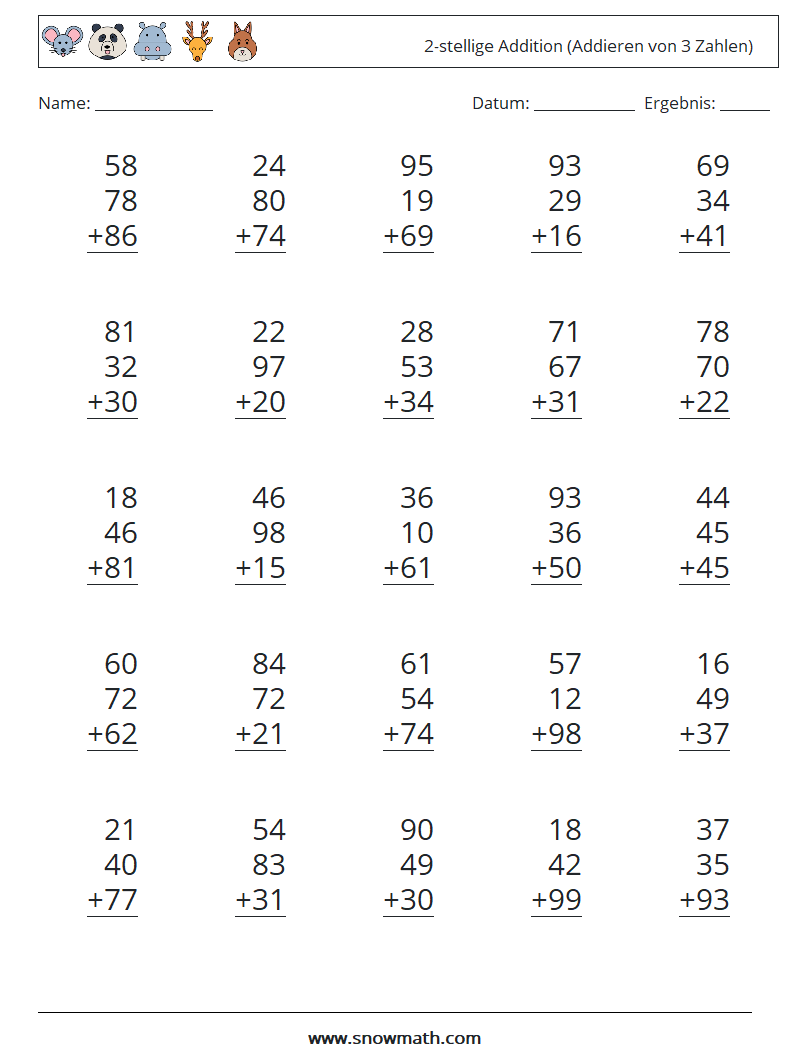 (25) 2-stellige Addition (Addieren von 3 Zahlen) Mathe-Arbeitsblätter 1