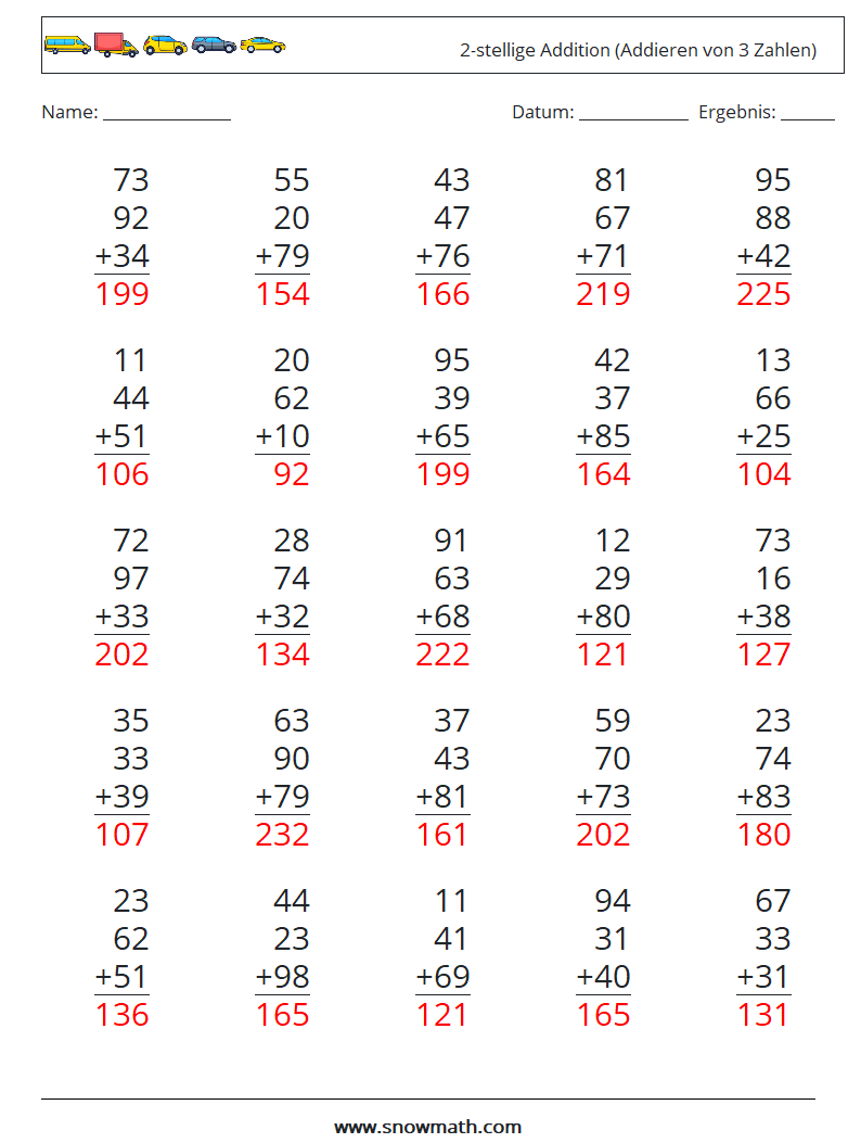 (25) 2-stellige Addition (Addieren von 3 Zahlen) Mathe-Arbeitsblätter 11 Frage, Antwort