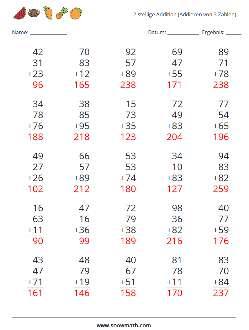 (25) 2-stellige Addition (Addieren von 3 Zahlen) Mathe-Arbeitsblätter 14 Frage, Antwort