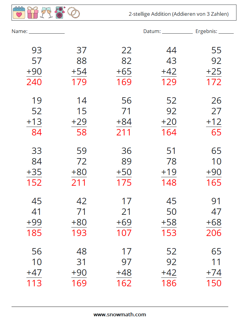 (25) 2-stellige Addition (Addieren von 3 Zahlen) Mathe-Arbeitsblätter 17 Frage, Antwort