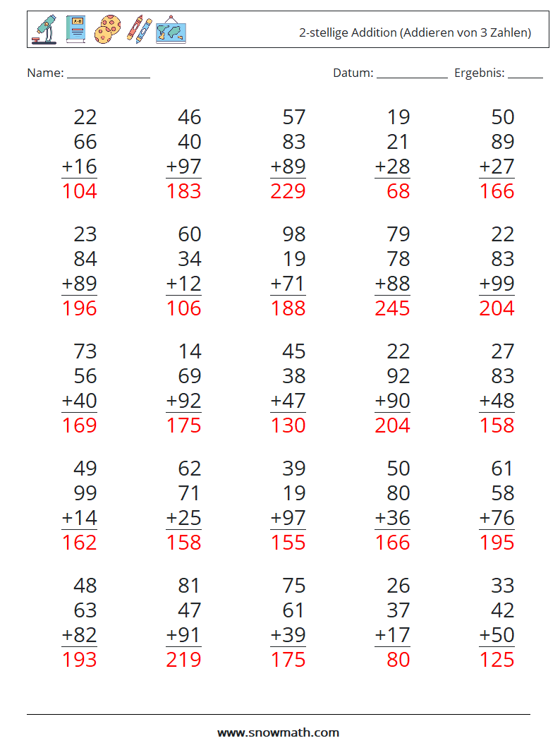 (25) 2-stellige Addition (Addieren von 3 Zahlen) Mathe-Arbeitsblätter 5 Frage, Antwort