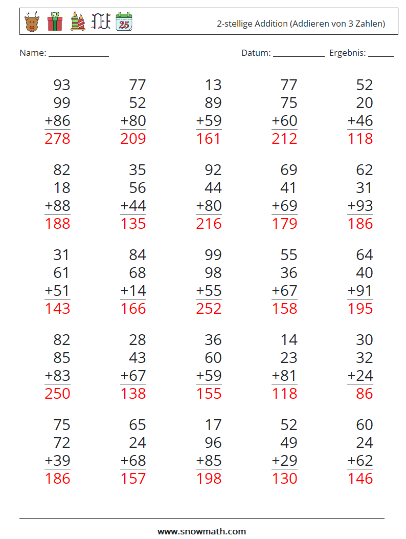 (25) 2-stellige Addition (Addieren von 3 Zahlen) Mathe-Arbeitsblätter 7 Frage, Antwort