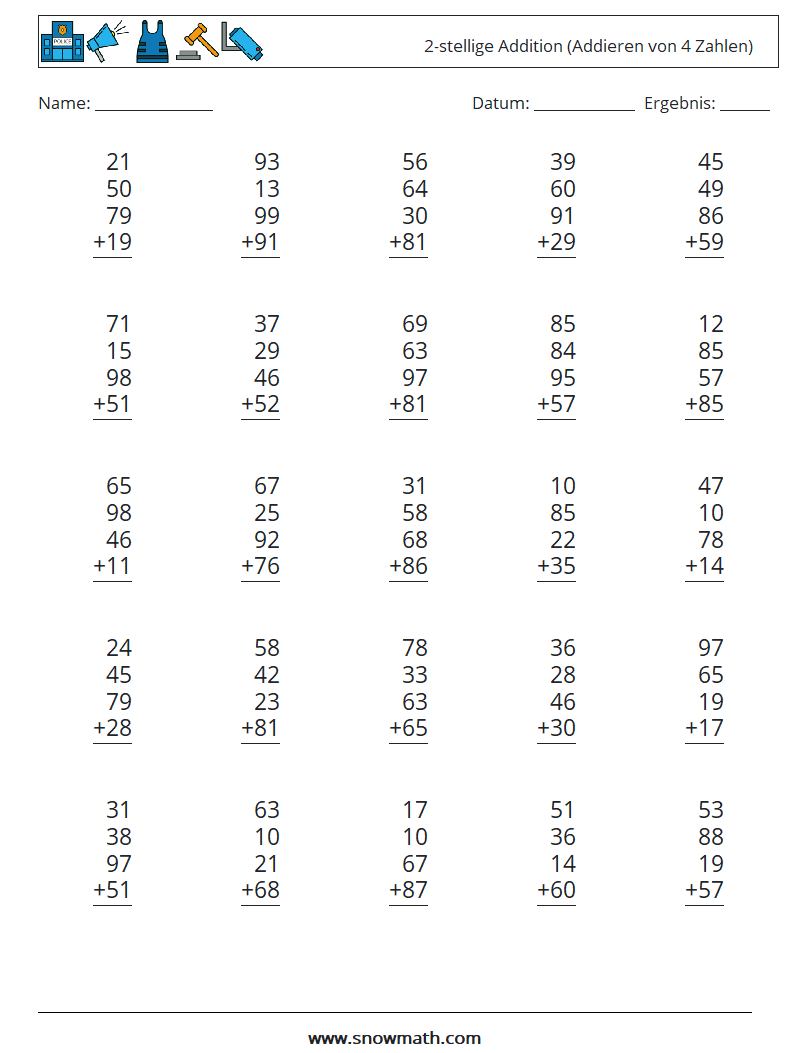 (25) 2-stellige Addition (Addieren von 4 Zahlen) Mathe-Arbeitsblätter 1