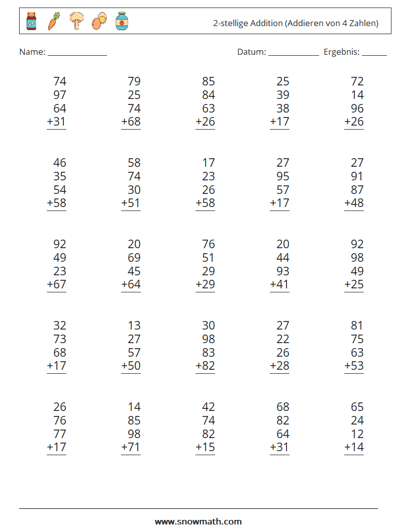 (25) 2-stellige Addition (Addieren von 4 Zahlen) Mathe-Arbeitsblätter 10