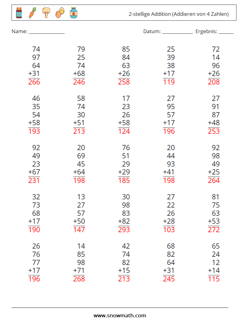 (25) 2-stellige Addition (Addieren von 4 Zahlen) Mathe-Arbeitsblätter 10 Frage, Antwort