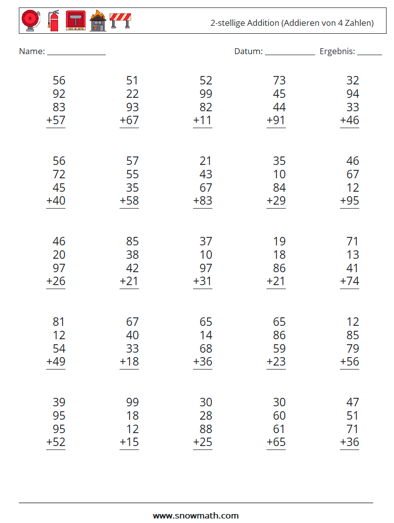 (25) 2-stellige Addition (Addieren von 4 Zahlen) Mathe-Arbeitsblätter 11