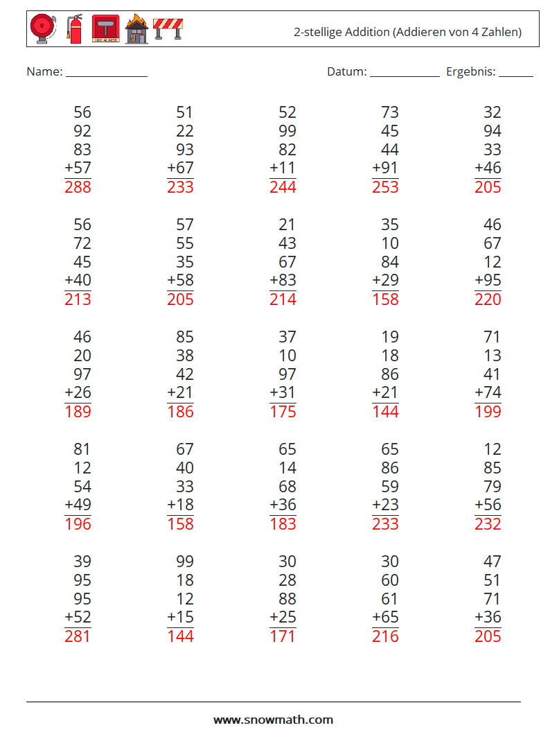 (25) 2-stellige Addition (Addieren von 4 Zahlen) Mathe-Arbeitsblätter 11 Frage, Antwort