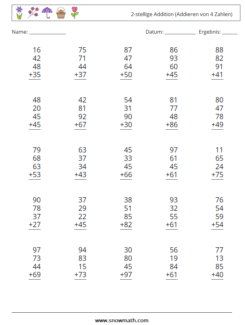 (25) 2-stellige Addition (Addieren von 4 Zahlen) Mathe-Arbeitsblätter 12