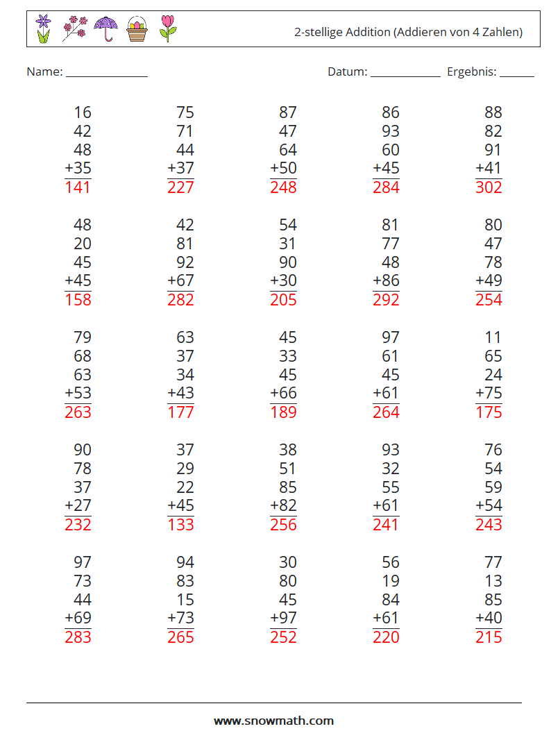 (25) 2-stellige Addition (Addieren von 4 Zahlen) Mathe-Arbeitsblätter 12 Frage, Antwort