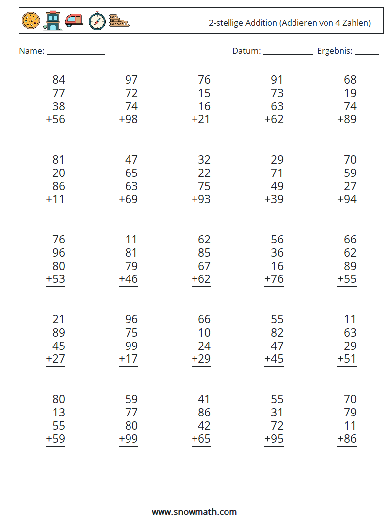 (25) 2-stellige Addition (Addieren von 4 Zahlen) Mathe-Arbeitsblätter 13