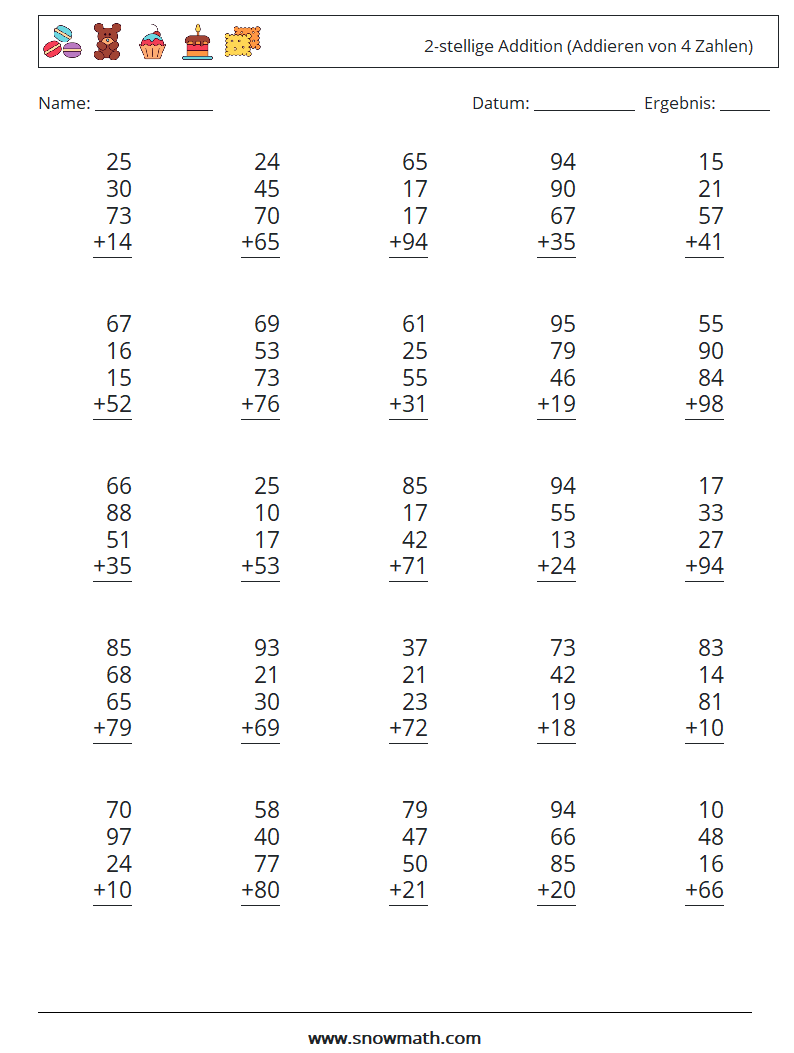 (25) 2-stellige Addition (Addieren von 4 Zahlen) Mathe-Arbeitsblätter 14