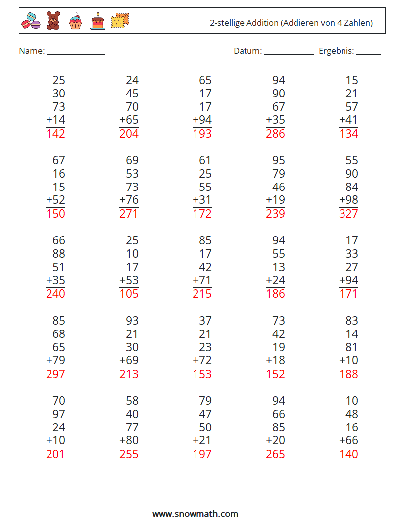 (25) 2-stellige Addition (Addieren von 4 Zahlen) Mathe-Arbeitsblätter 14 Frage, Antwort