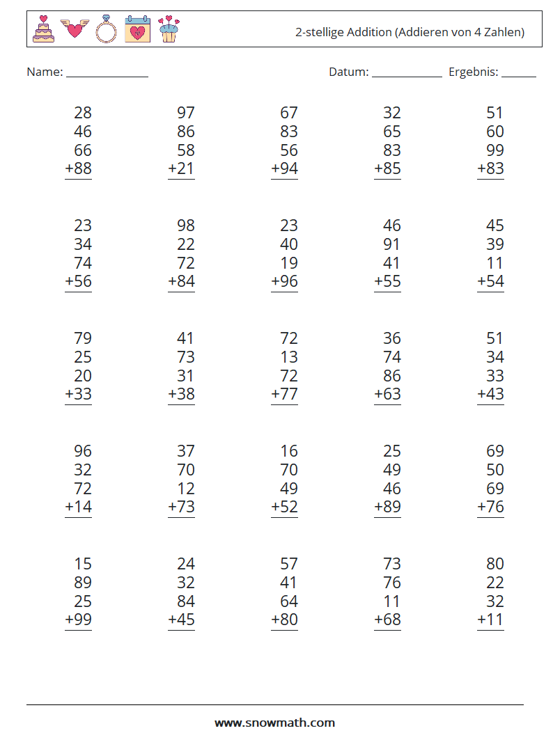 (25) 2-stellige Addition (Addieren von 4 Zahlen) Mathe-Arbeitsblätter 15