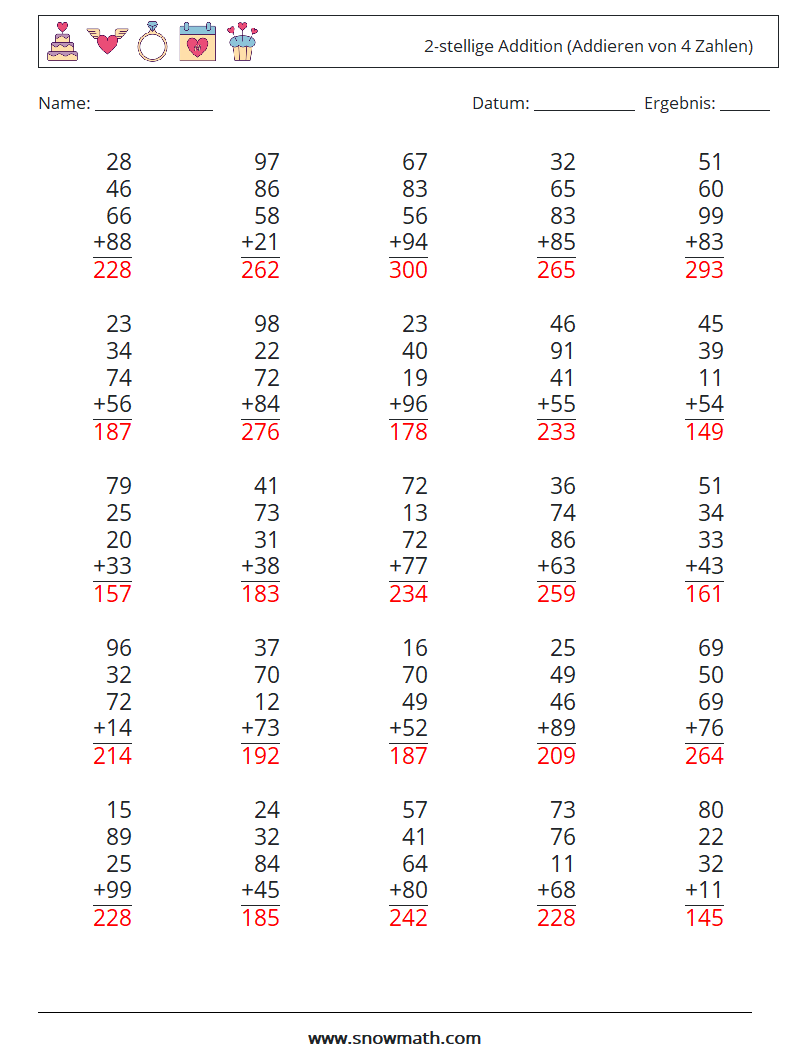 (25) 2-stellige Addition (Addieren von 4 Zahlen) Mathe-Arbeitsblätter 15 Frage, Antwort