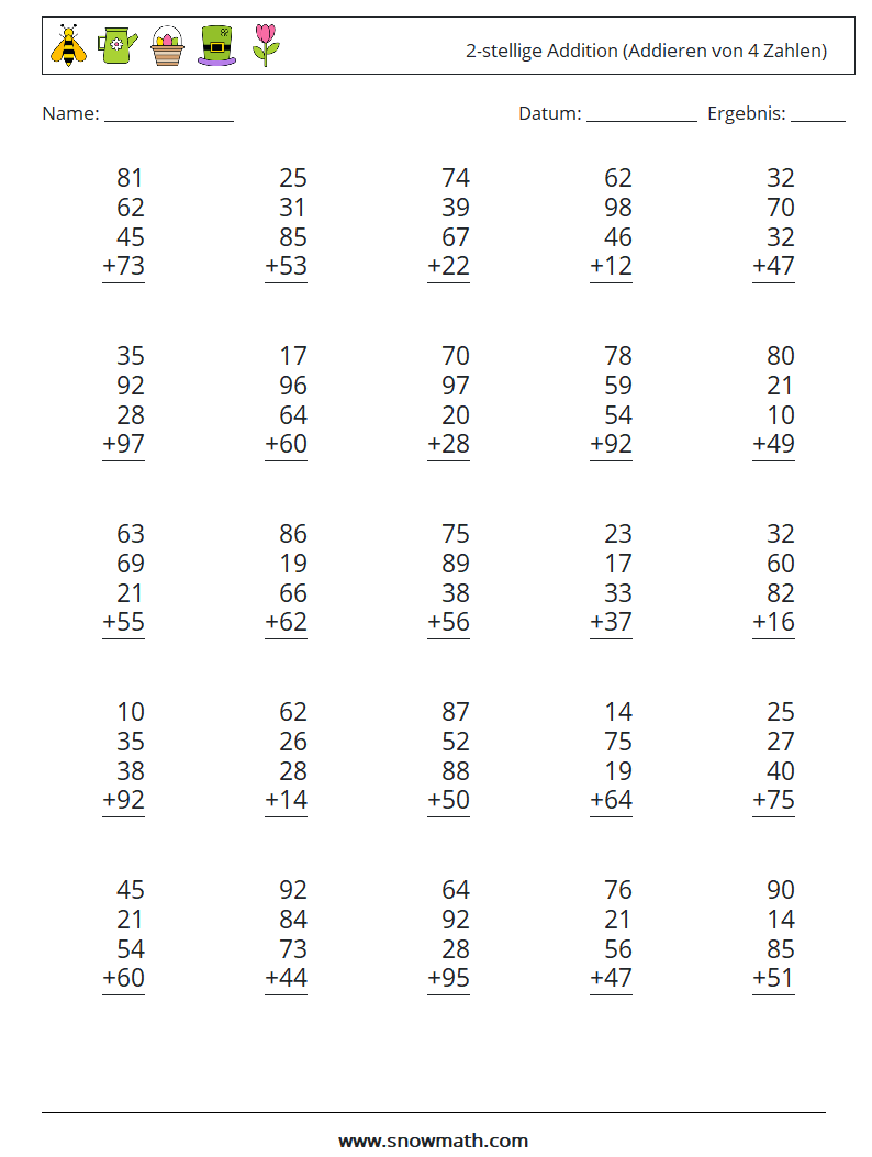 (25) 2-stellige Addition (Addieren von 4 Zahlen) Mathe-Arbeitsblätter 16