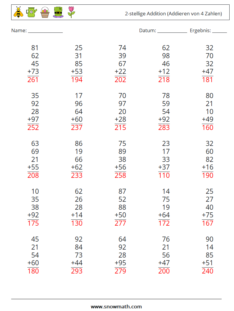 (25) 2-stellige Addition (Addieren von 4 Zahlen) Mathe-Arbeitsblätter 16 Frage, Antwort