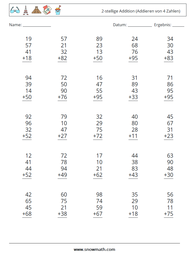 (25) 2-stellige Addition (Addieren von 4 Zahlen) Mathe-Arbeitsblätter 17