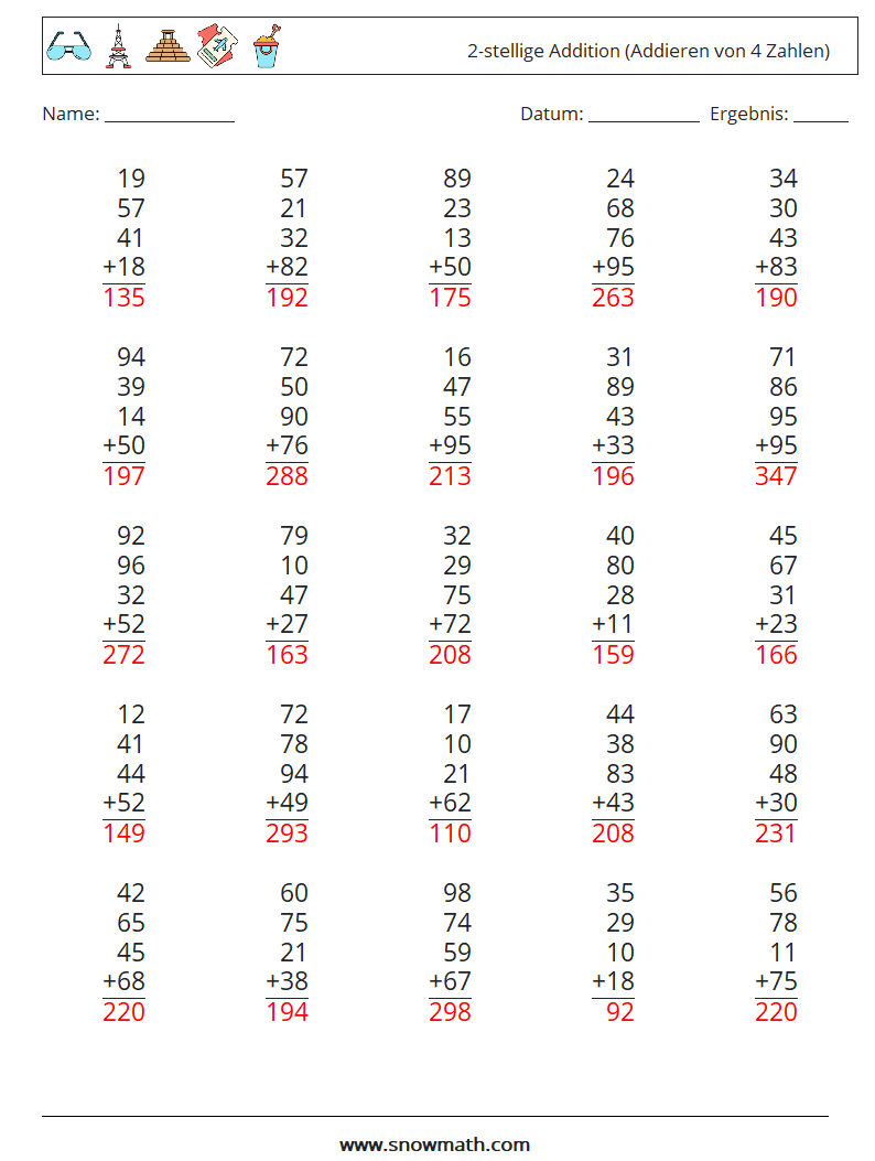 (25) 2-stellige Addition (Addieren von 4 Zahlen) Mathe-Arbeitsblätter 17 Frage, Antwort