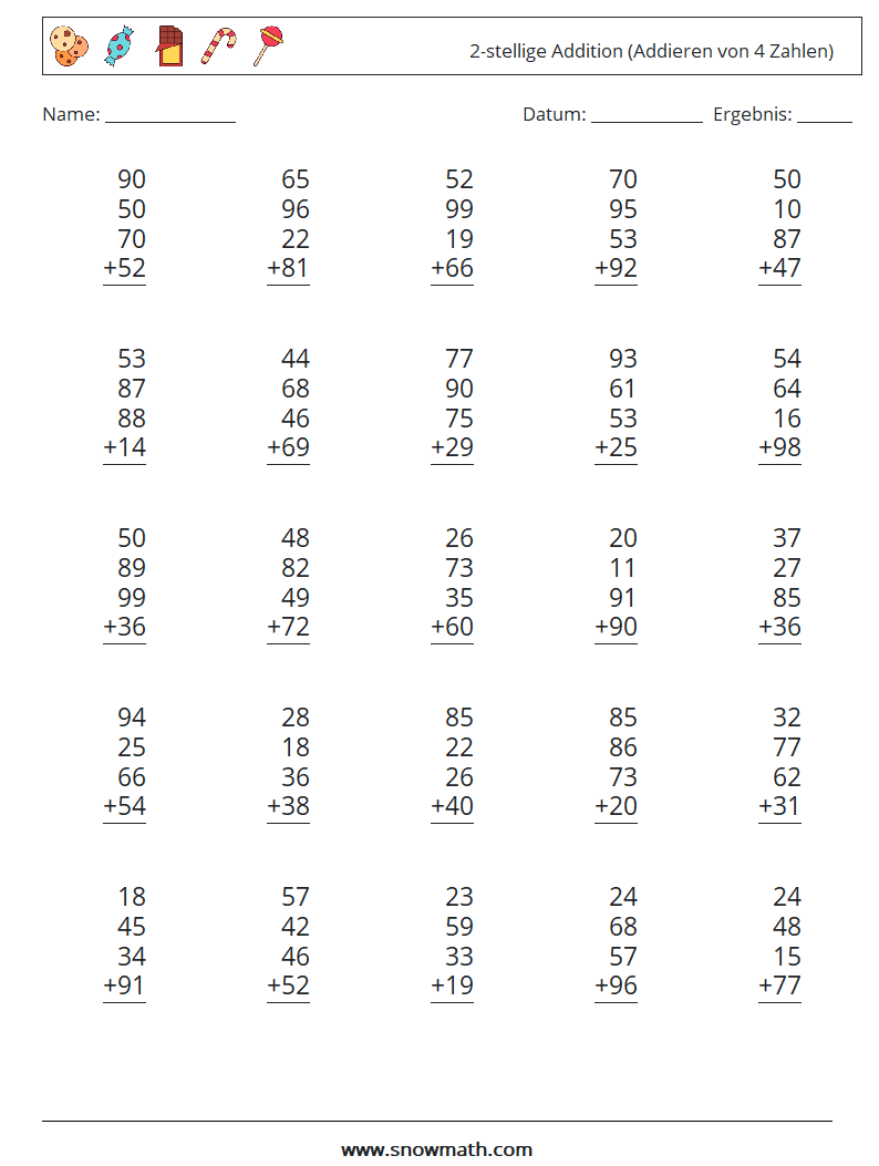 (25) 2-stellige Addition (Addieren von 4 Zahlen) Mathe-Arbeitsblätter 18