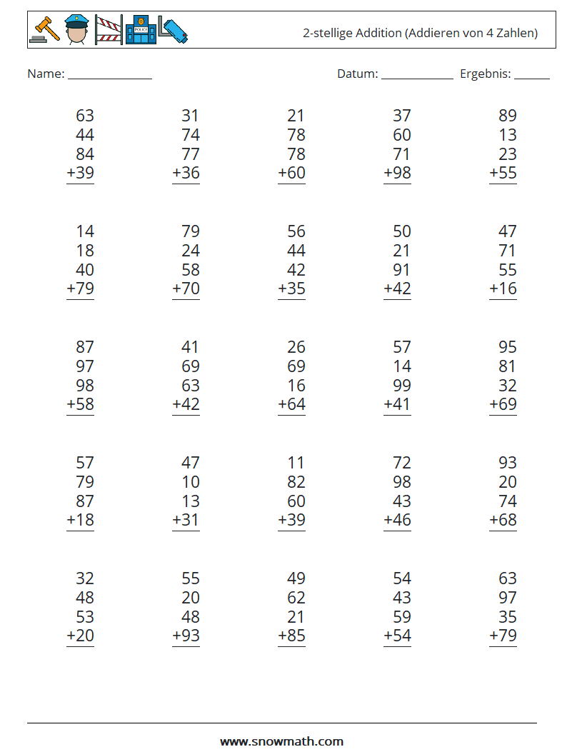 (25) 2-stellige Addition (Addieren von 4 Zahlen) Mathe-Arbeitsblätter 2