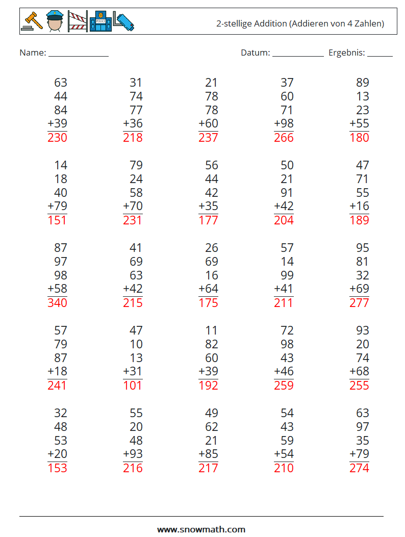 (25) 2-stellige Addition (Addieren von 4 Zahlen) Mathe-Arbeitsblätter 2 Frage, Antwort