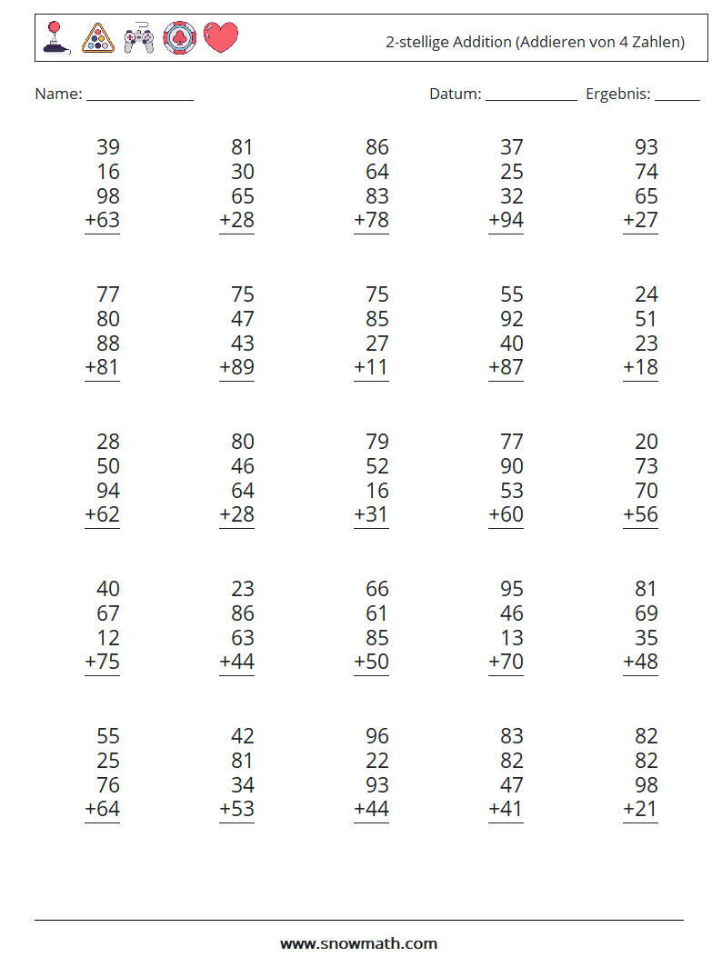 (25) 2-stellige Addition (Addieren von 4 Zahlen) Mathe-Arbeitsblätter 3
