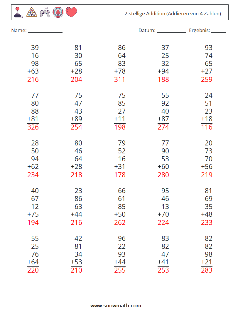 (25) 2-stellige Addition (Addieren von 4 Zahlen) Mathe-Arbeitsblätter 3 Frage, Antwort