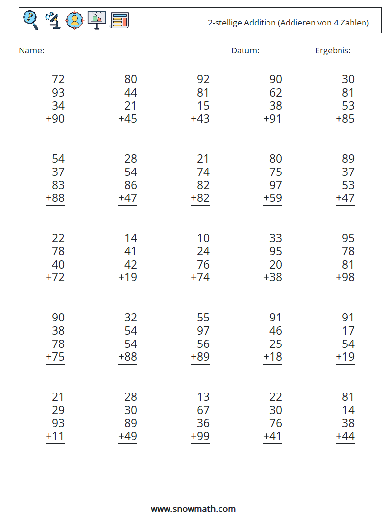 (25) 2-stellige Addition (Addieren von 4 Zahlen) Mathe-Arbeitsblätter 4
