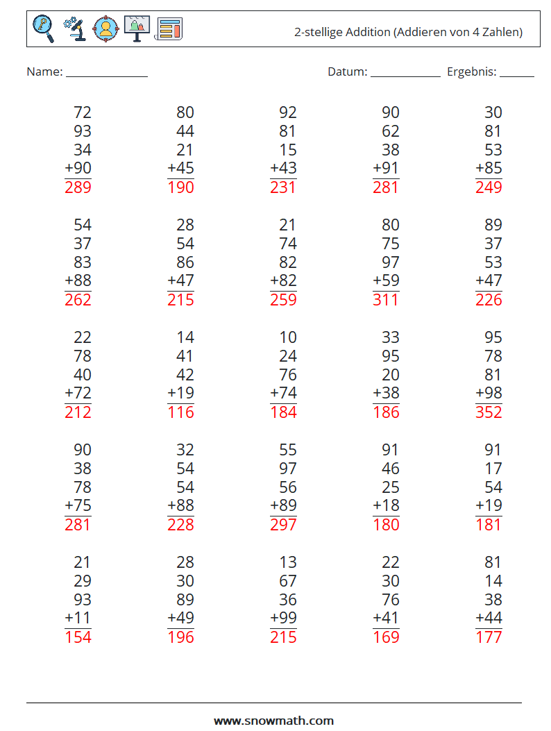 (25) 2-stellige Addition (Addieren von 4 Zahlen) Mathe-Arbeitsblätter 4 Frage, Antwort