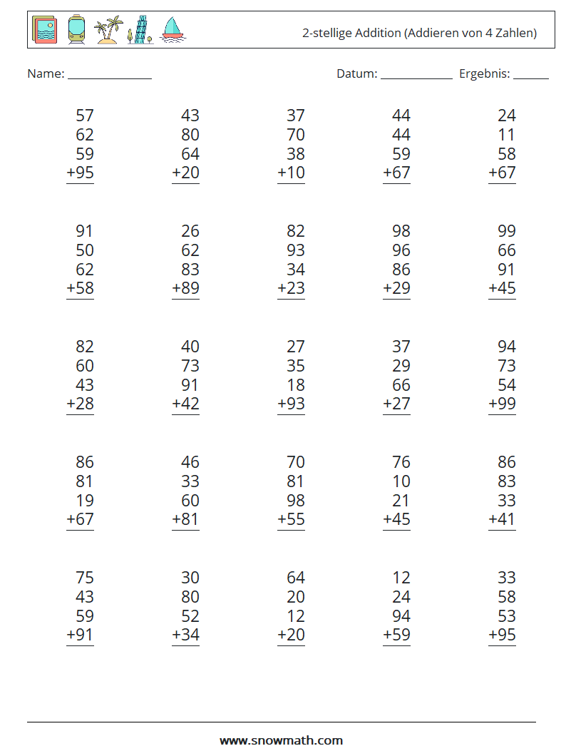 (25) 2-stellige Addition (Addieren von 4 Zahlen) Mathe-Arbeitsblätter 5
