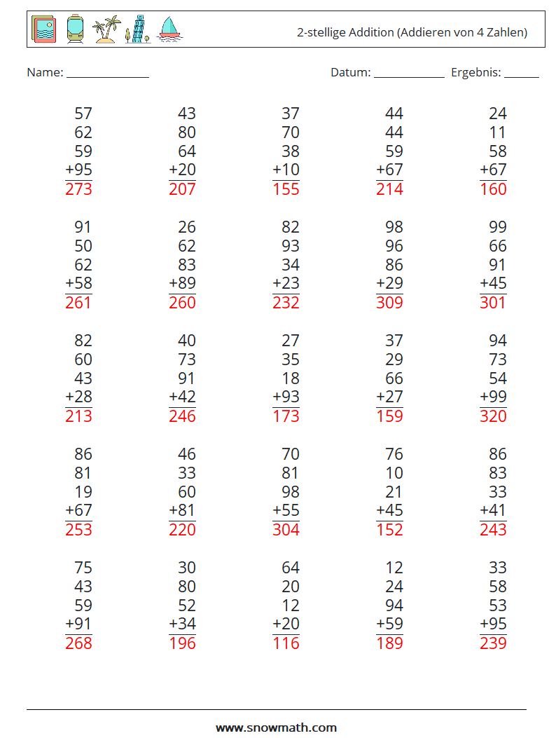 (25) 2-stellige Addition (Addieren von 4 Zahlen) Mathe-Arbeitsblätter 5 Frage, Antwort