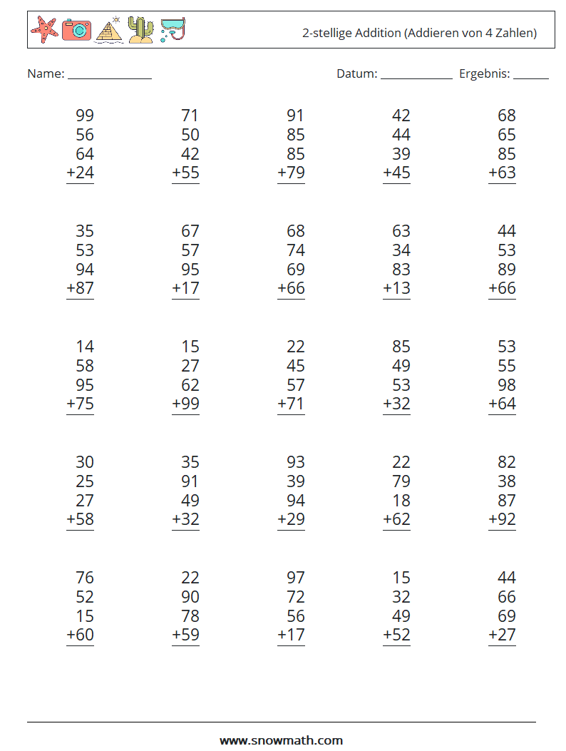 (25) 2-stellige Addition (Addieren von 4 Zahlen) Mathe-Arbeitsblätter 6