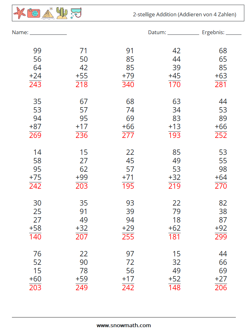 (25) 2-stellige Addition (Addieren von 4 Zahlen) Mathe-Arbeitsblätter 6 Frage, Antwort