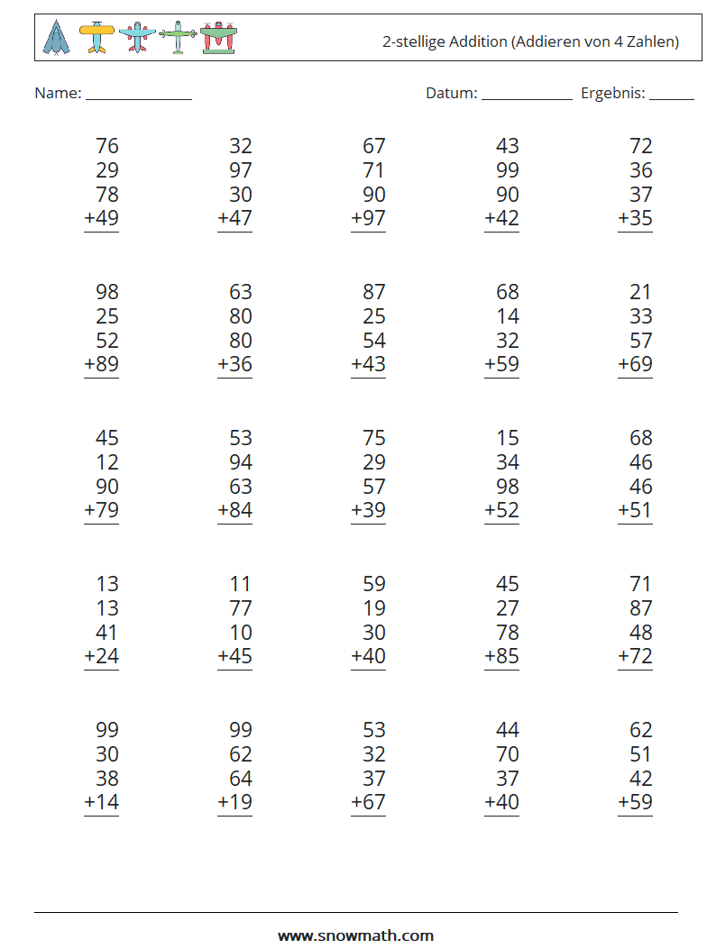 (25) 2-stellige Addition (Addieren von 4 Zahlen) Mathe-Arbeitsblätter 7