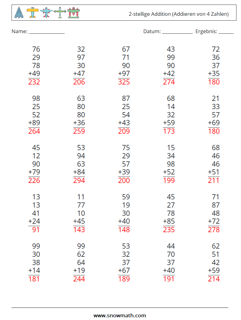 (25) 2-stellige Addition (Addieren von 4 Zahlen) Mathe-Arbeitsblätter 7 Frage, Antwort