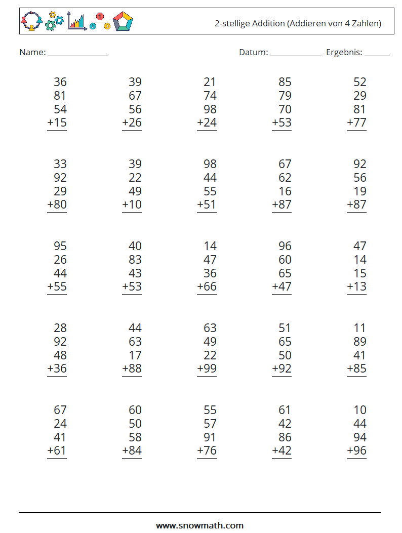 (25) 2-stellige Addition (Addieren von 4 Zahlen) Mathe-Arbeitsblätter 8