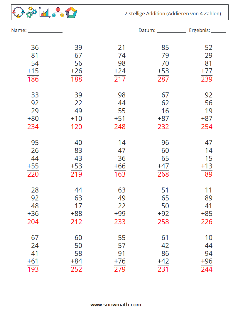 (25) 2-stellige Addition (Addieren von 4 Zahlen) Mathe-Arbeitsblätter 8 Frage, Antwort