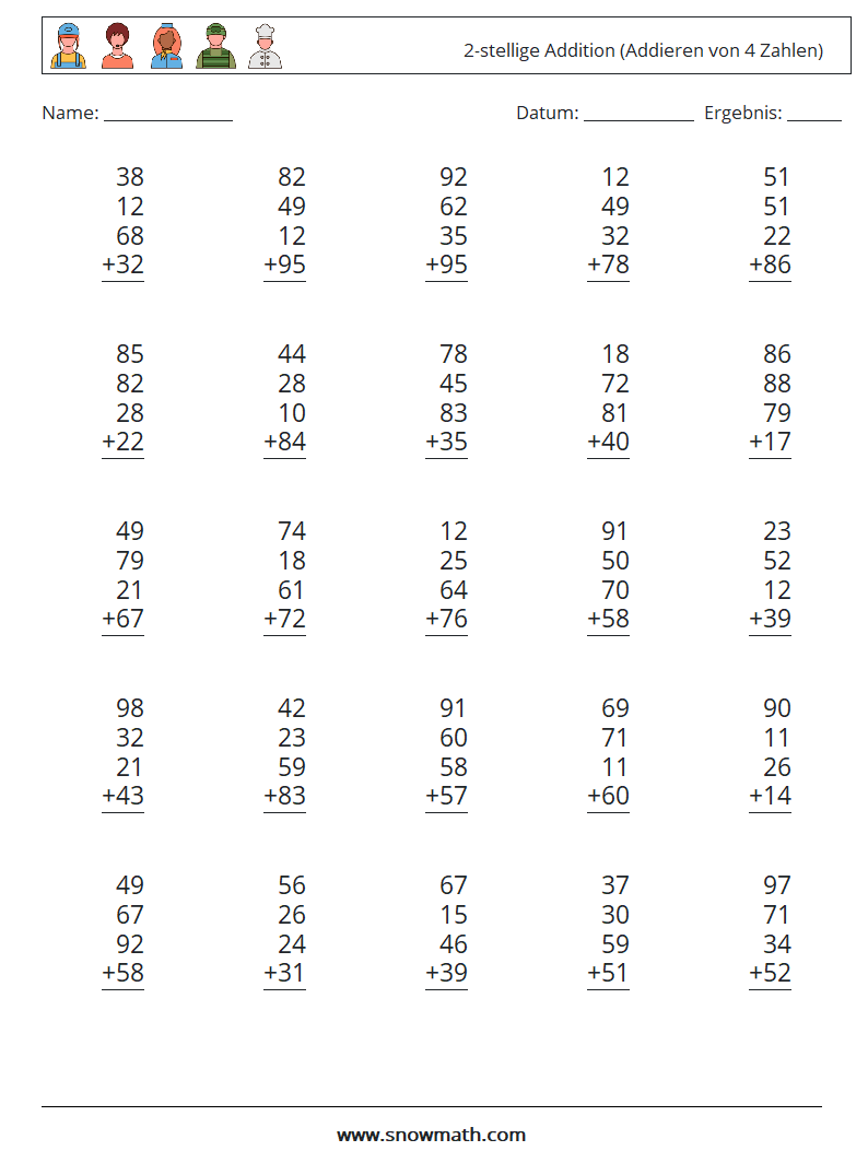 (25) 2-stellige Addition (Addieren von 4 Zahlen) Mathe-Arbeitsblätter 9