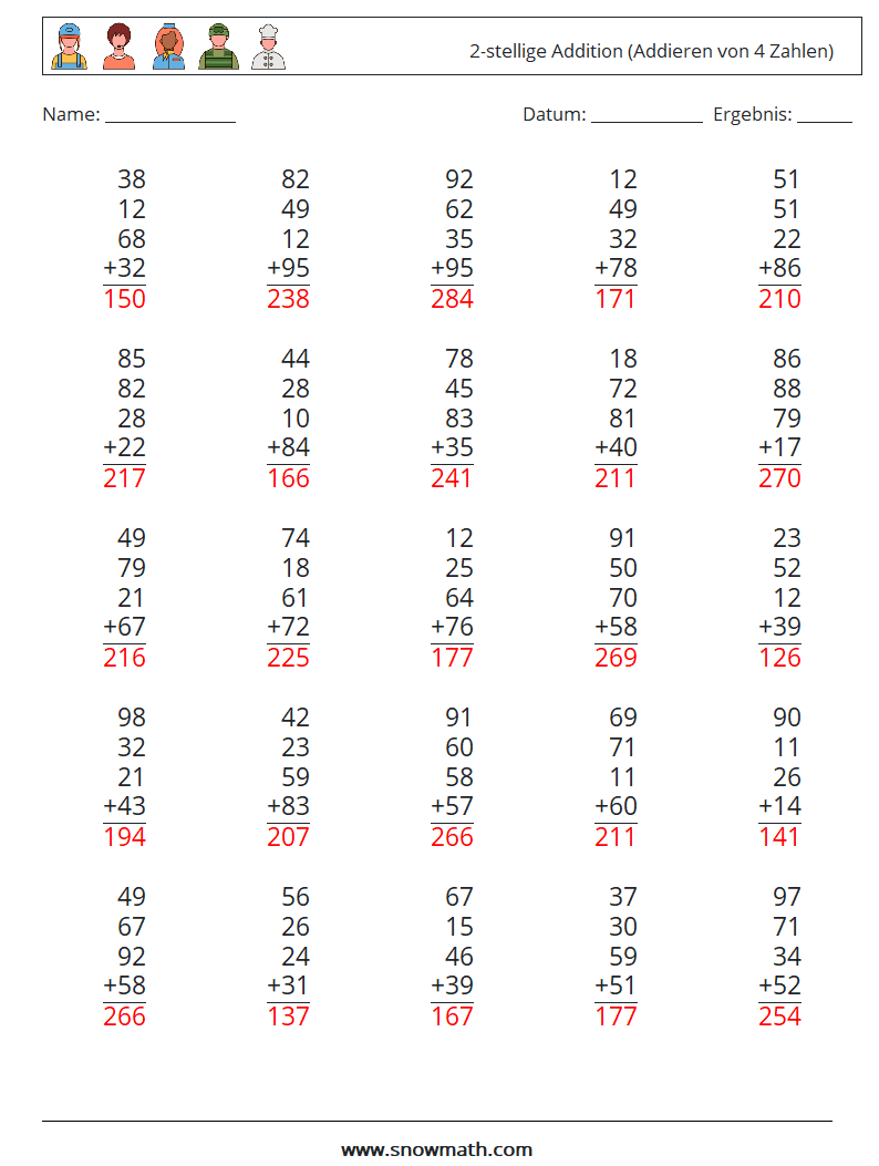 (25) 2-stellige Addition (Addieren von 4 Zahlen) Mathe-Arbeitsblätter 9 Frage, Antwort